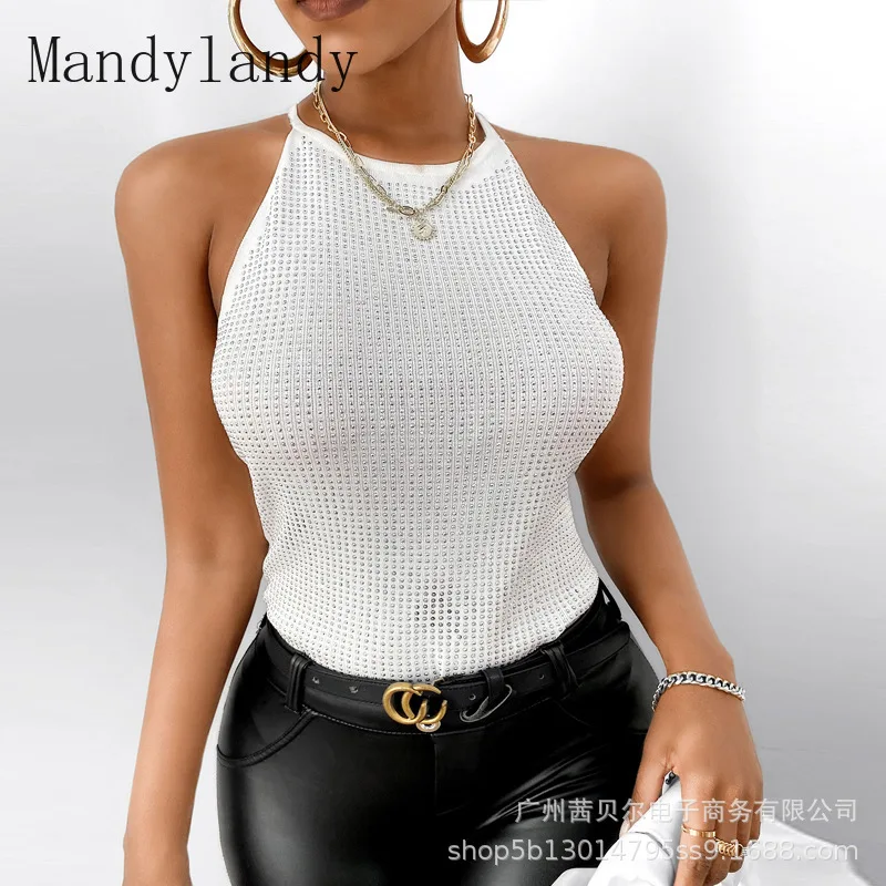 

Летний модный жилет Mandylandy на тонких бретельках, ажурный топ, Женский пикантный однотонный облегающий жилет с открытой спиной и круглым выре...