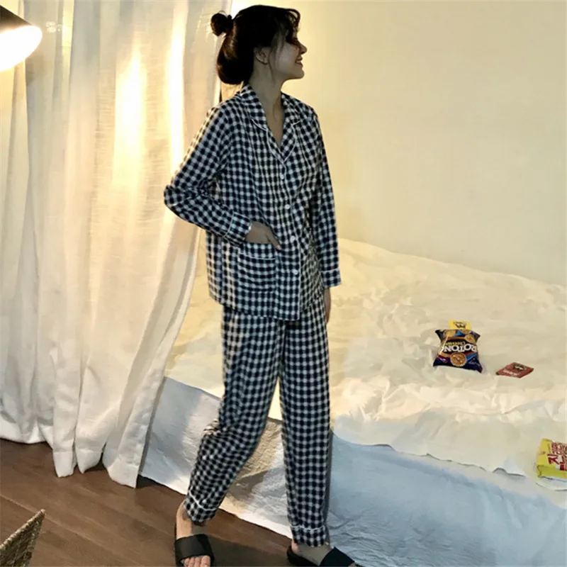 t Black Новые пижамы для женщин корейские свободные пижамы с длинными рукавами клетчатые пижамы женские хлопковые повседневные комплекты из 2 предметов Pigiama Donna Прямая поставка - Цвет: t Black