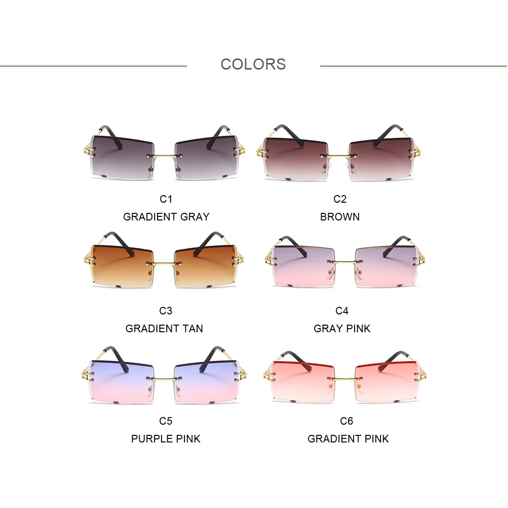

Fashion Trend Colorful Lens Square Frameless Women Sunglasses With Diamond Trimming UV400 Large Retro Sunshade Mirror