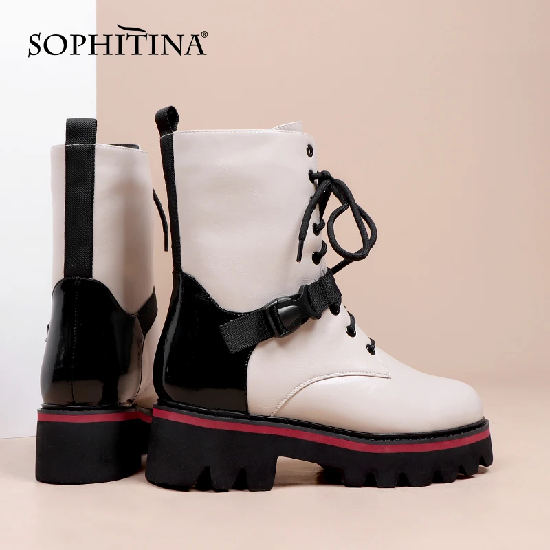 Jual SOPHITINA Sepatu Bot Musim Dingin Hangat Wanita Platform Lace-Up Wanita Sepatu Kulit Asli Gesper Tali Panjang Plush Fashion Wanita Sepatu C933
