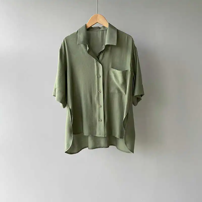 

COZOK Korean Side Split Shirt Women's 2021 Summer New Solid Short Sleeve Lapel Single Breasted Top 7028