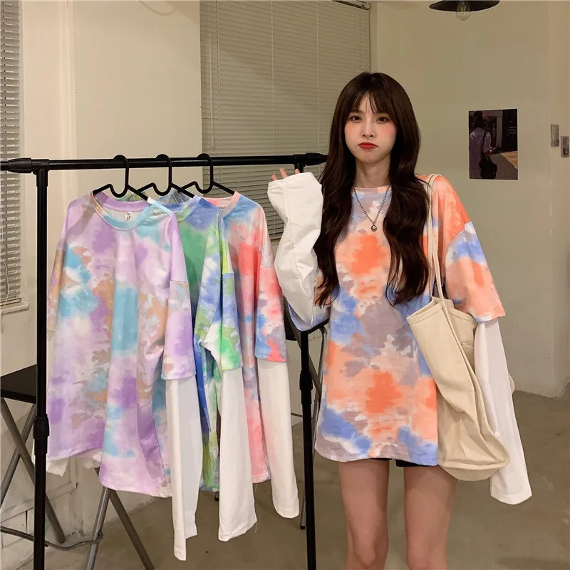 

Tie Dye Print Fake Two Pieces T Shirt Women Casual Loose Harajuku BF Tops Female Korean Fashion Women Top Tees