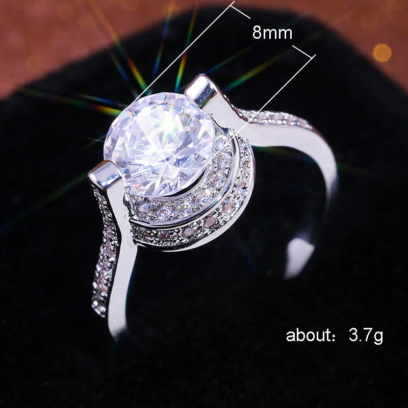 

USTAR 8mm Round AAA Cubic Zirconia Engagement Rings for women Shiny CZ Crystals silver color Finger Wedding Rings Female Anel