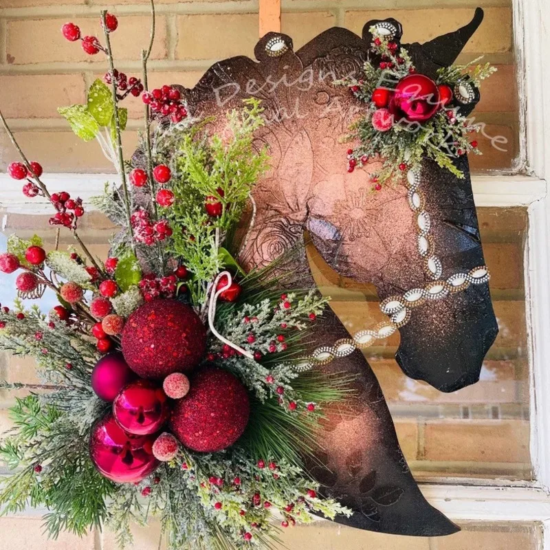 Guirnalda de Navidad con cabeza de caballo para puerta Delantera, colgante de cabeza de Animal para jard&iacute;n al aire libre, adornos colgantes de pared para el hogar, novedad-0