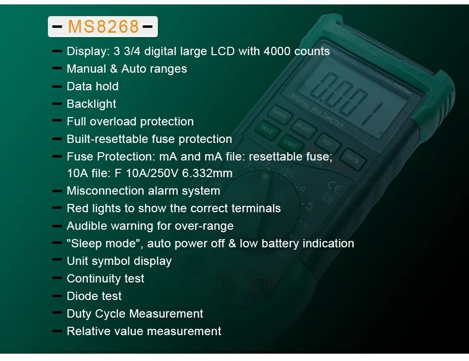 MASTECH MS8268 цифровой мультиметр с автоматической защитой диапазона ac/dc Амперметр Вольтметр Ом частота Электрический тестер диодный детектор