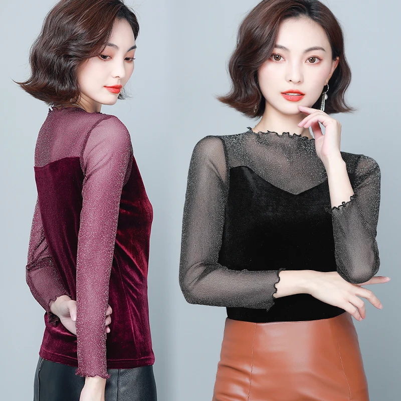 

Ladies Sheer Crew Neck Sexy Women See Through Transparent Mesh Bodycon Tops Long Sleeve stand collar Sexy Blouse