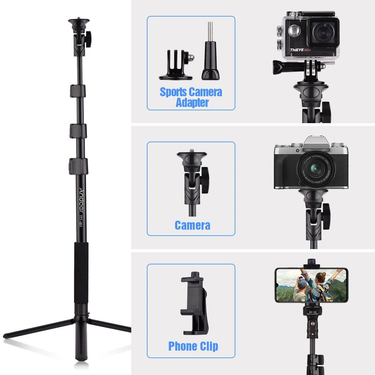 Andoer 54-inch Selfie Stick Tripod Stand Aluminum Alloy w/ Desktop Remote Shutter for iPhone Android Phones Sports Camera | Электроника