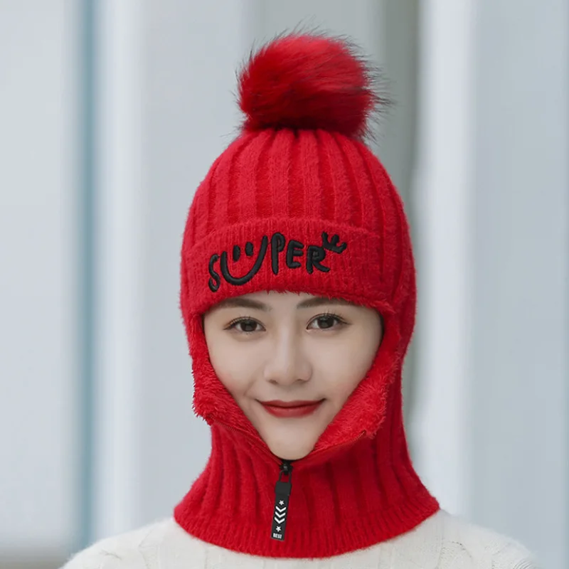 Женская Вязаная Шерстяная Шапка на молнии теплая зимняя шапка в Корейском стиле