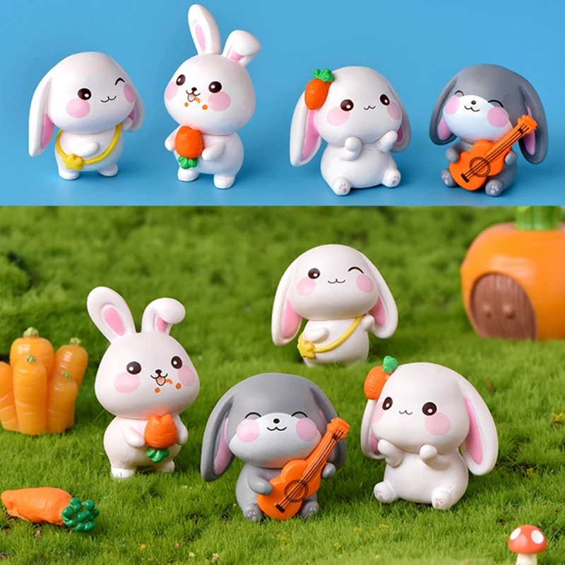 

4 Pcs Cute Cartoon Rabbit Figurine Miniature Animal Model Ornaments Micro Landscape Fairy Home Garden Deocration