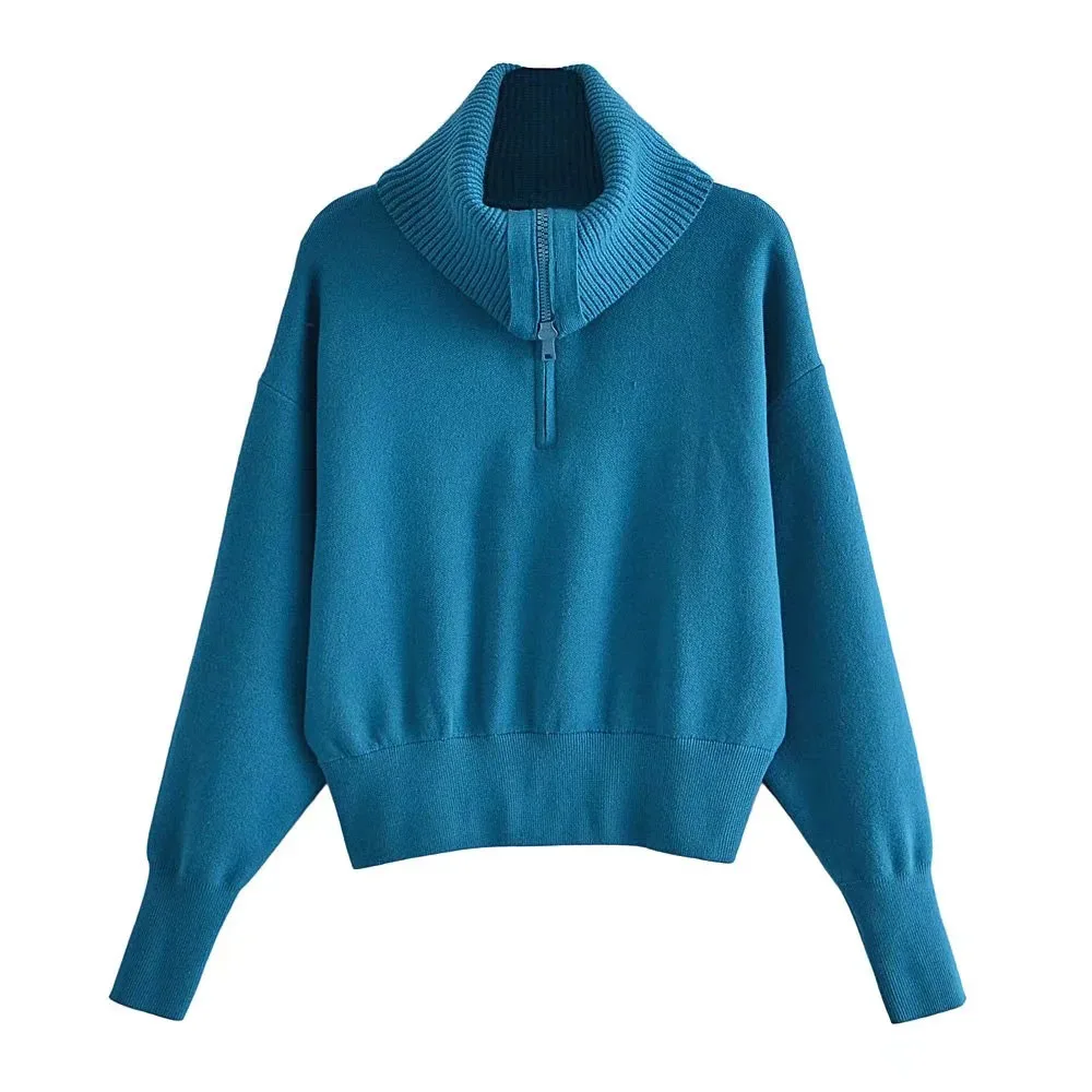 

BBWM 2021 Women Fashion Turtleneck Zipper Design Blue Casual Knitting Sweater Female Streetwear Simplicity Pullovers Chic Top