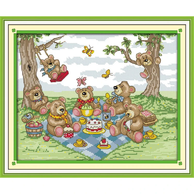 

Joy Sunday Teddy Bear's Picnic Chinese Cross Stitch Kits Ecological Cotton Clear Stamped Printed 14 11CT DIY Wedding Decoration