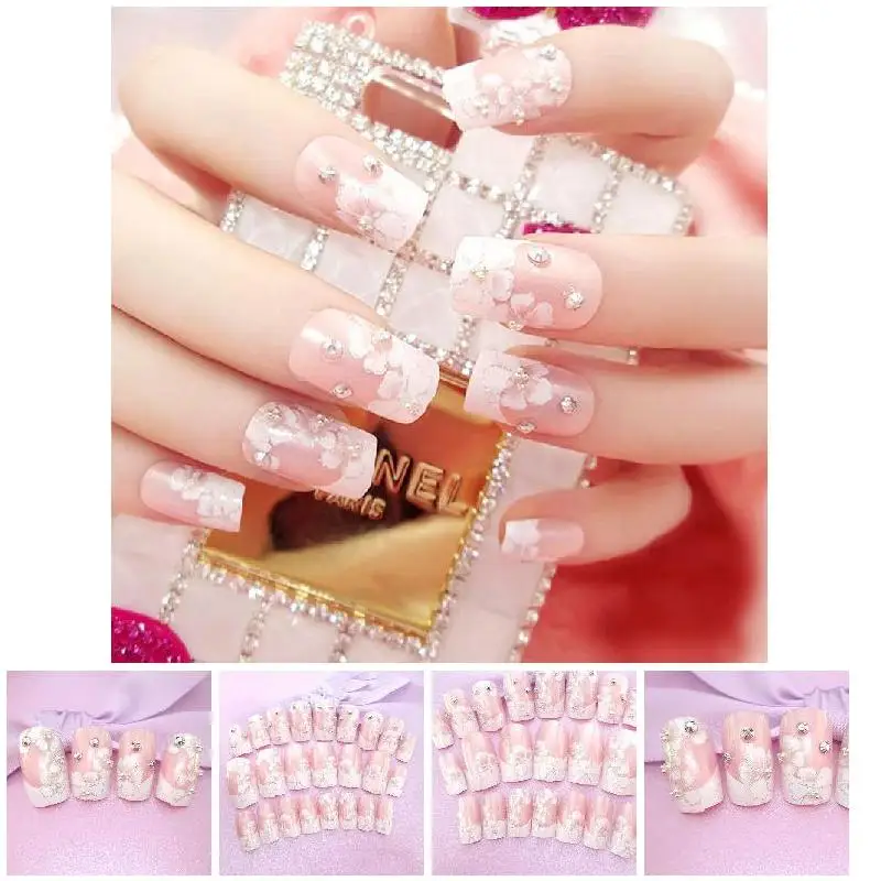 Девушки розового цвета милые накладные ногти 3D блестящие стразы свадебные 24