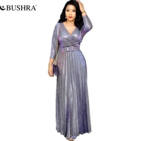 bushra african dresses women popular colorful bronzing long dress v neck shiny blet pocket night party shirt maxi dress