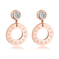 roman numeral hollow round single diamond stud earrings korean titanium steel plated rose gold earrings