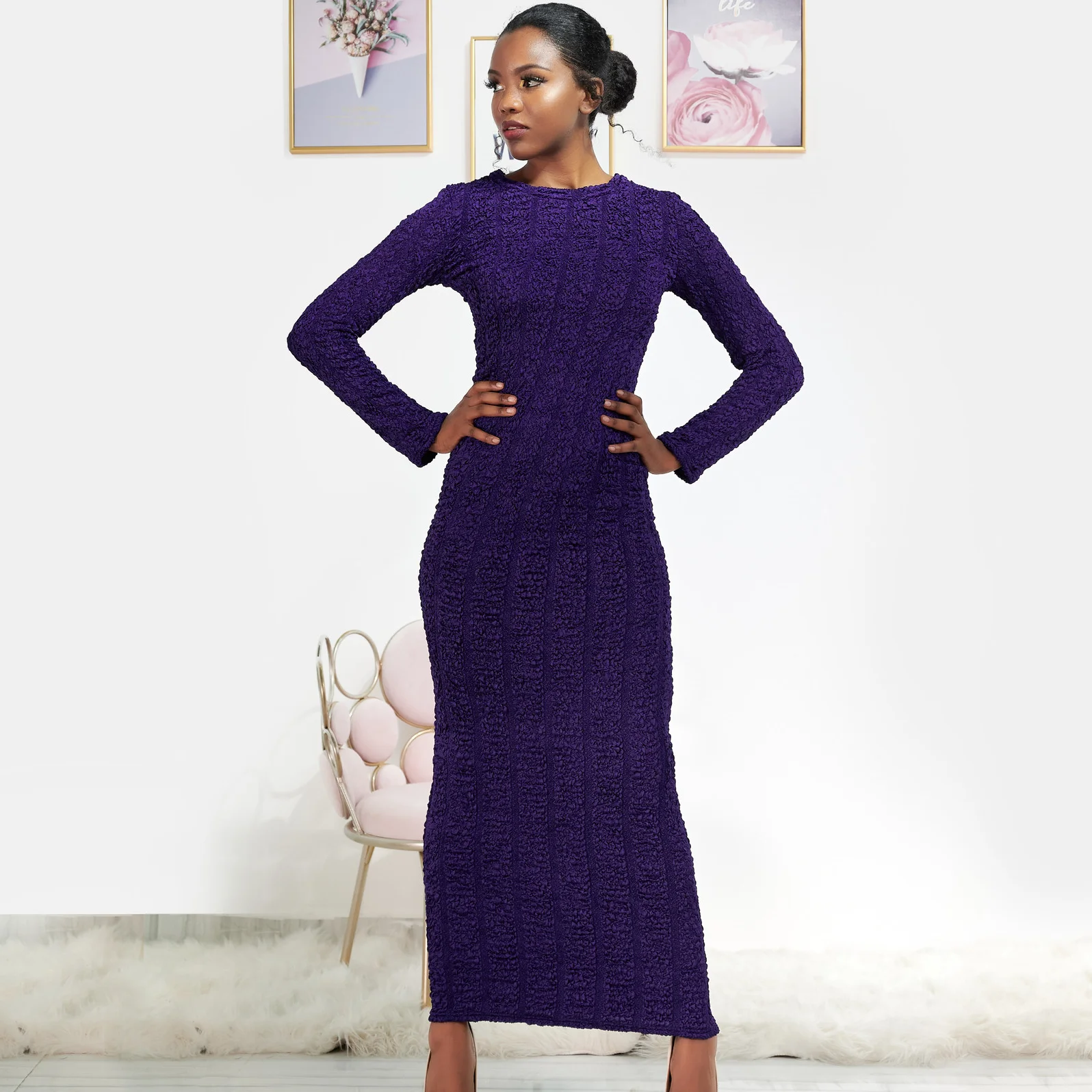 

2021 Muslim Women's Maxi Dress with Bottom Stretch Slim Dress with Bottom Indian Dress Women Kaftan Moroccan Indian Dress