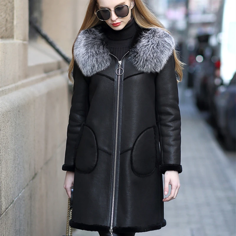Женское зимнее пальто из натуральной овечьей кожи с длинным рукавом|Кожаные