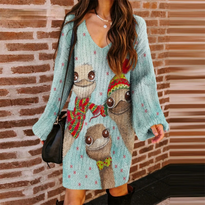 

Cute Christmas Ladies Dress Women Spring Print Elegant Knitted V-Neck A-line Dress Ladies Long Sleeve Loose Casual Top