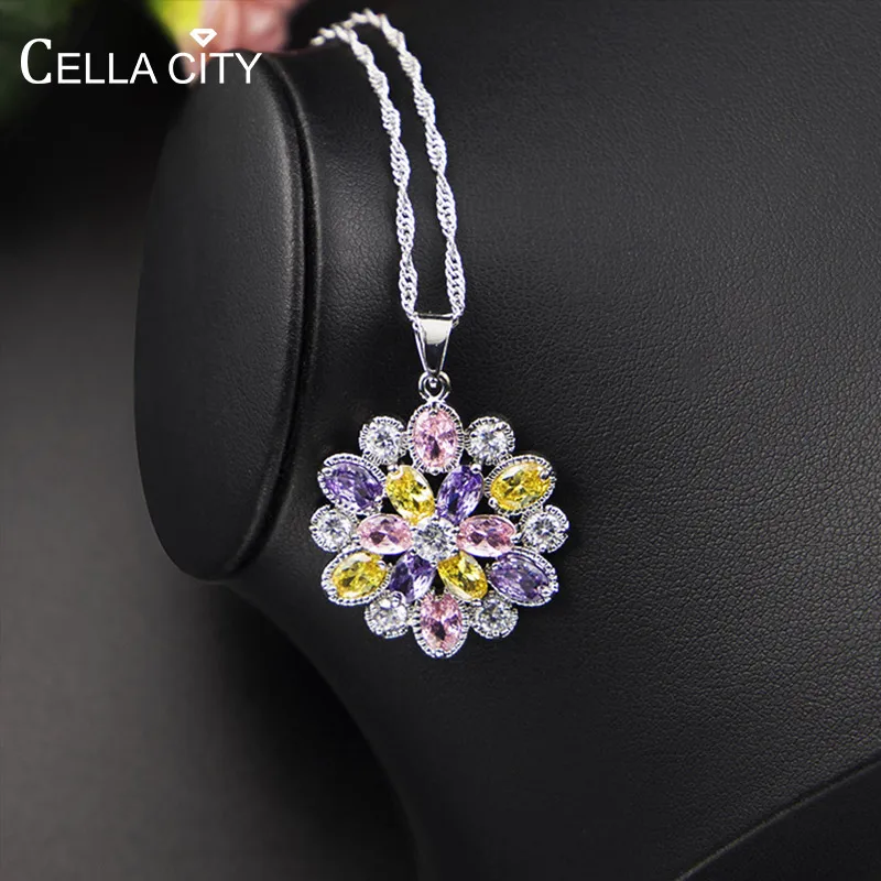 

Cellacity Trendy Snowflake Pendant Gemstones Necklace for Women Silver 925 Jewelry Female Neck Ornament for Party 10 Colors Gift
