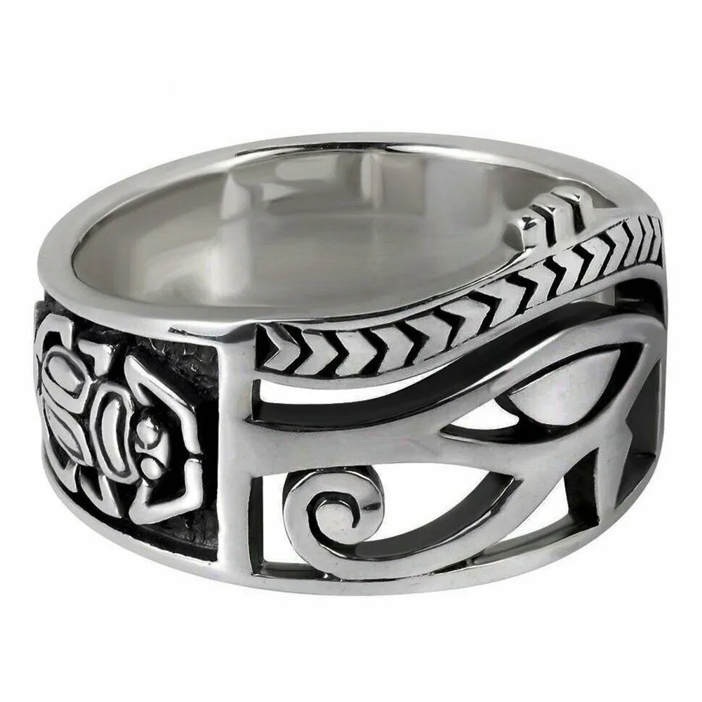 

Mens Egyptian Ankh Scarab Eye Of Horus Ra Ring Stainless Steel Size 7-12