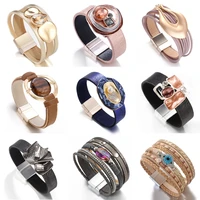 amorcome rhinestone leather bracelets for women fashion charm ladies bohemian crystal wide wrap bracelet wedding jewelry