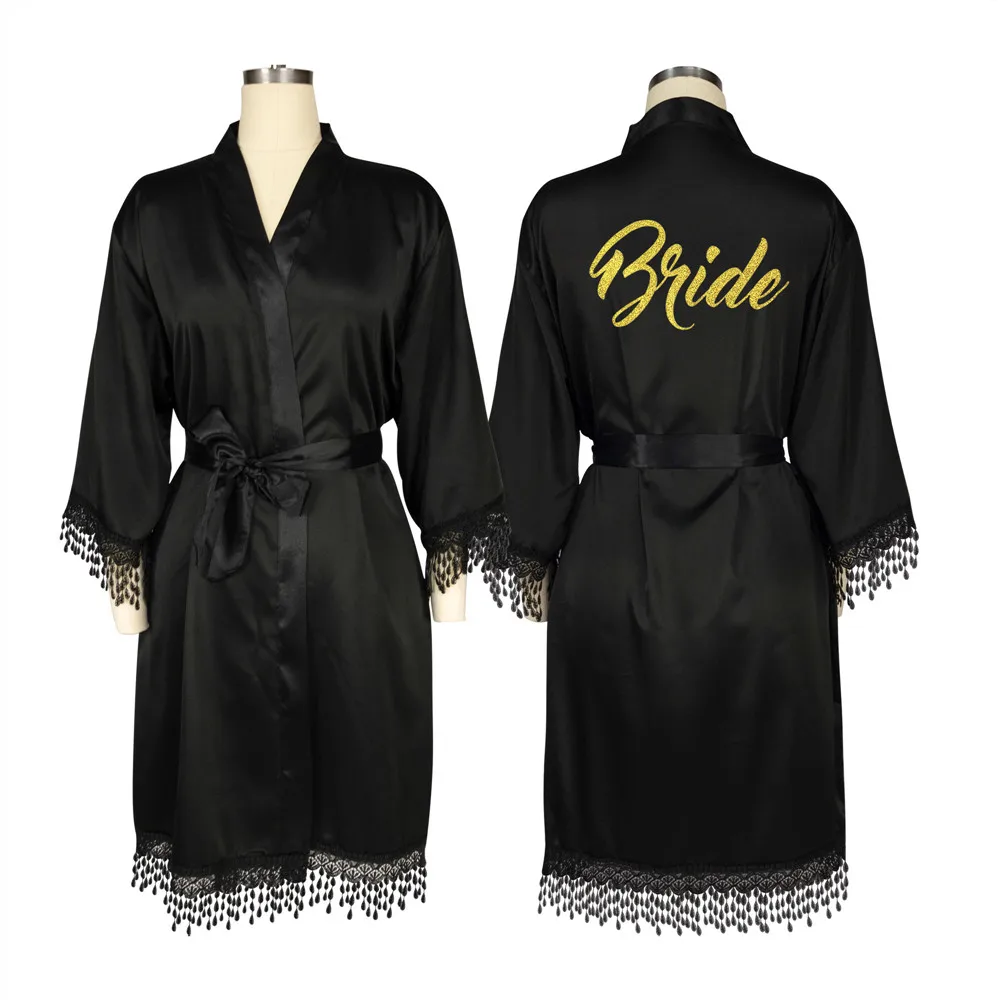 Черное атласное кимоно с кружевной отделкой длинное сексуальное женское белье