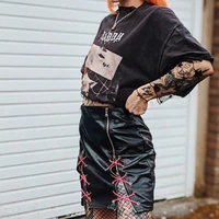 skmy high waist mini skirt harajuku punk style double zippers lace up patchwork hollow out a line black skirt streetwear