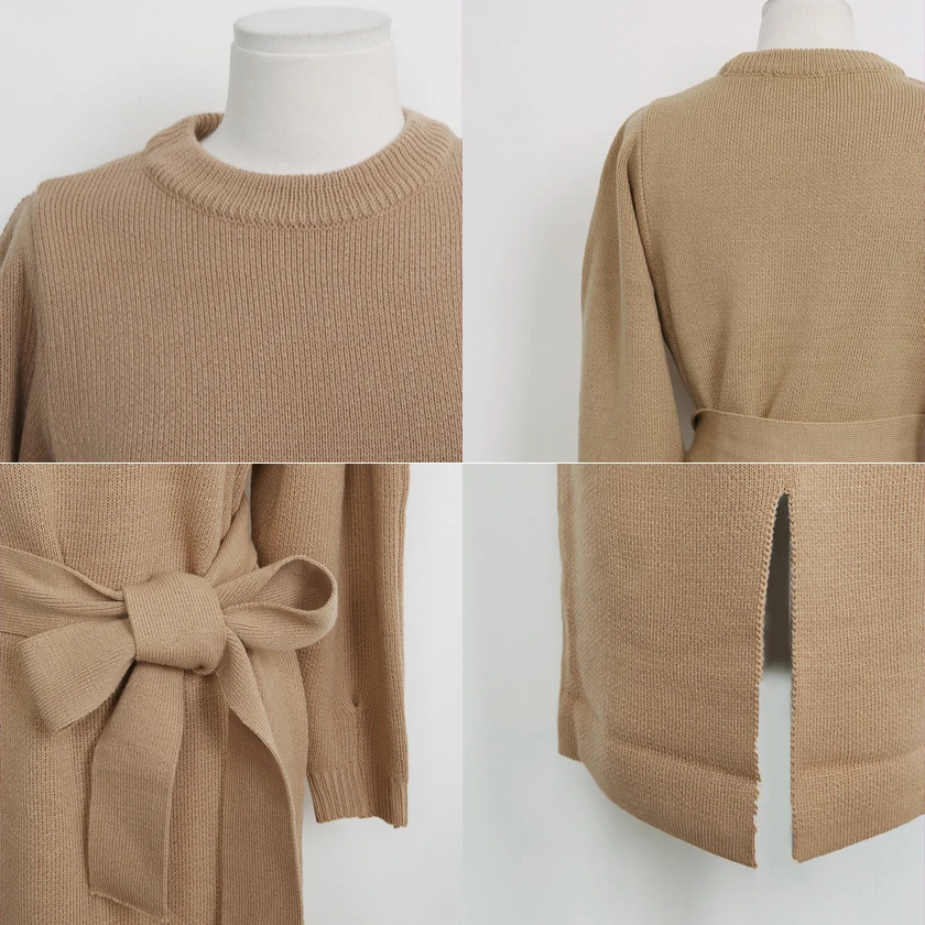 Женское трикотажное платье-свитер с разрезом спереди и длинным рукавом | Женская