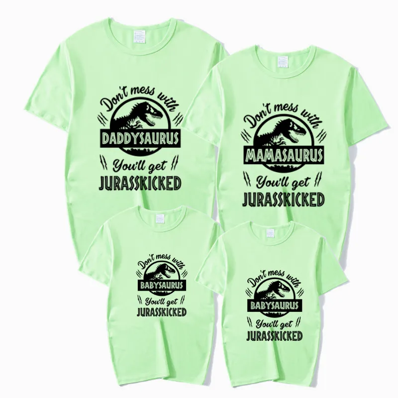 Don't Mess with Saurus You'll Get Jurasskicked Print Matching Outfits T-Shirt Mommy Daddy Baby Family Clothes Child | Мать и