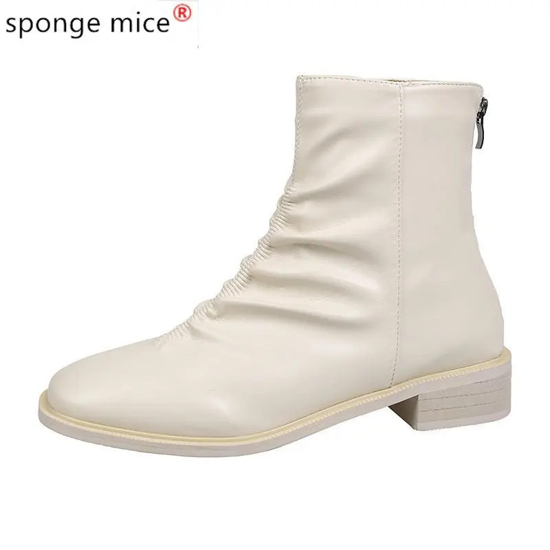 

FALL/WINTER 2020 new women's square-headed Leather Short boot with pleated heel and zipper Martin boot heels