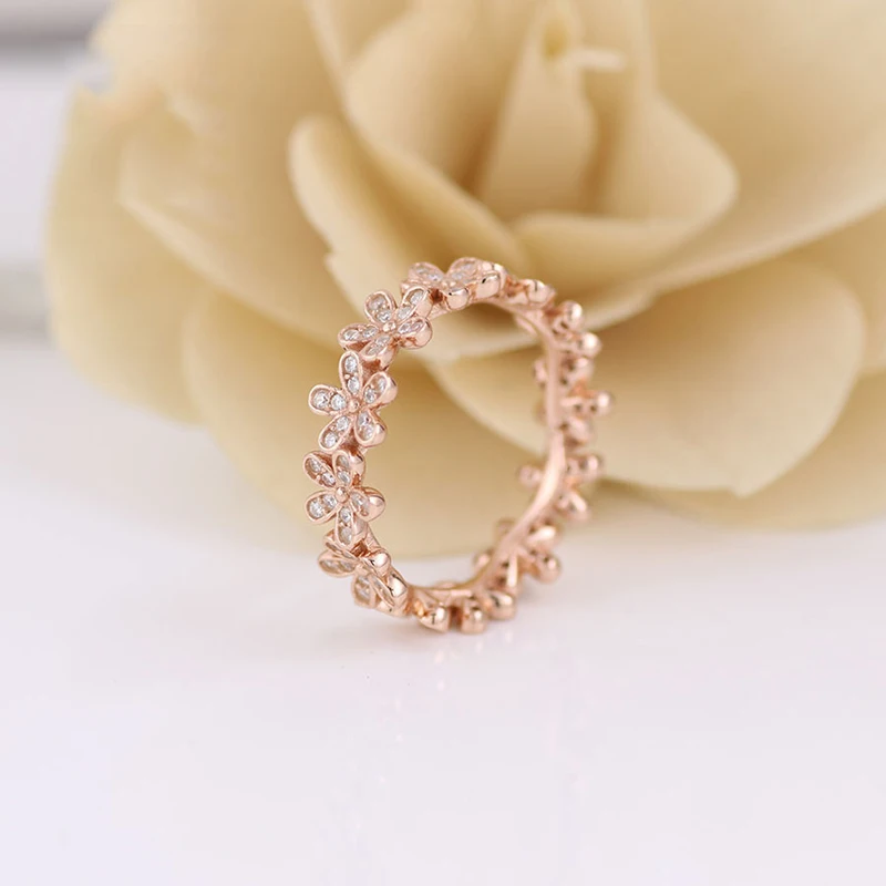 

Amas реальные 925 Серебряное кольцо Розовое Золото Ослепительная Дейзи цветок с украшением в виде кристаллов, кольцо для женщин, Свадебная веч...