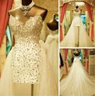 Короткие свадебные платья стразы на заказ с бантом, тюлевые Свадебные платья со съемным шлейфом и шнуровкой сзади