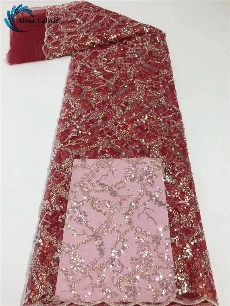 

Nigerian French Net Lace With Full Beads Fabric Embroidered Sequins Lace Fabric 5 Yards/piece For Wedding Party Dress