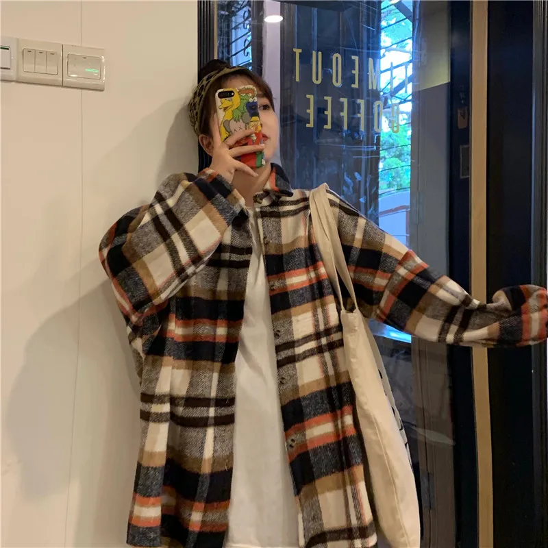 Корейская клетчатая рубашка женская одежда Harajuku однобортная Осенняя рубашка с длинными рукавами женская рубашка большого размера с отворотом Женская