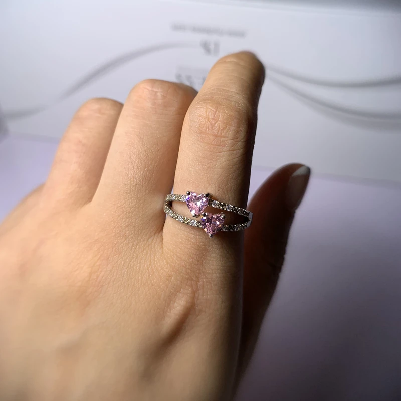 ANGELFRIGG два сердца серебряного цвета кольца с розовым CZ камнем для женщин Love You обручальное Обручальное модное ювелирное изделие подарок
