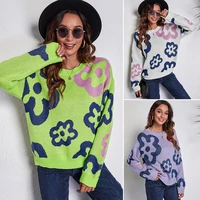 2021 new autumn winter womens loose flower knitwear lady casual pullover o neck sweater female printed long sleeve thick tops