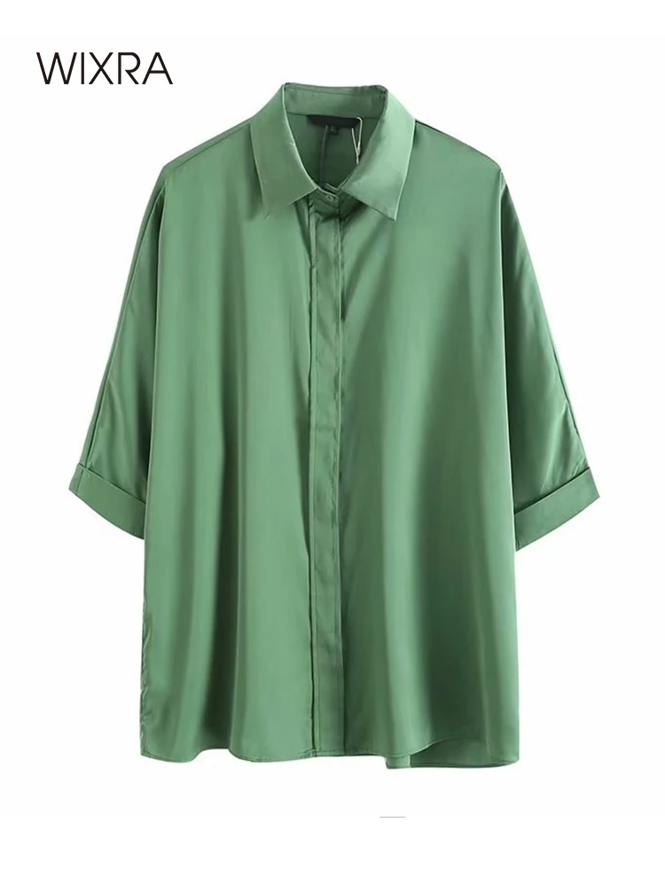 

Женская однобортная блузка из поплина с отложным воротником и коротким рукавом