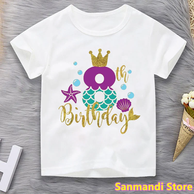 Camiseta de 3th/4th/5th/6th/7th/8th/9th regalo de cumplea&ntilde;os para ni&ntilde;as, ropa para ni&ntilde;os, Camiseta con estampado gr&aacute;fico de corona de sirena, ropa para ni&ntilde;os-2