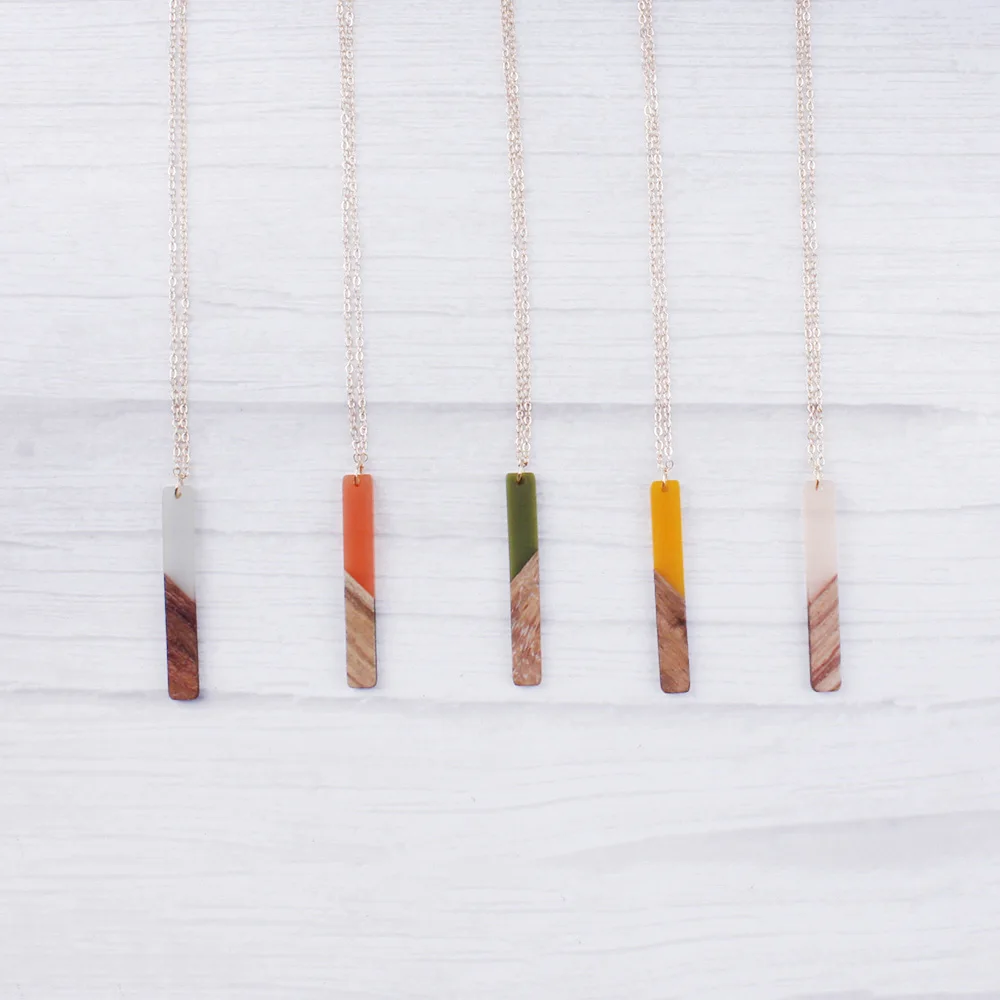 Candy Color Resin Wood Splicing Geometry Strip Pendant Link Chain Necklaces for Women Trendy Minimalist Vacation Party Jewelry
