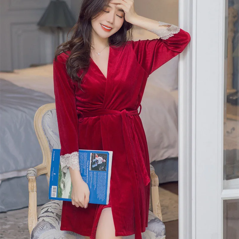Красная бархатная сексуальная ночная рубашка ночной халат набор для женщин 2 в 1