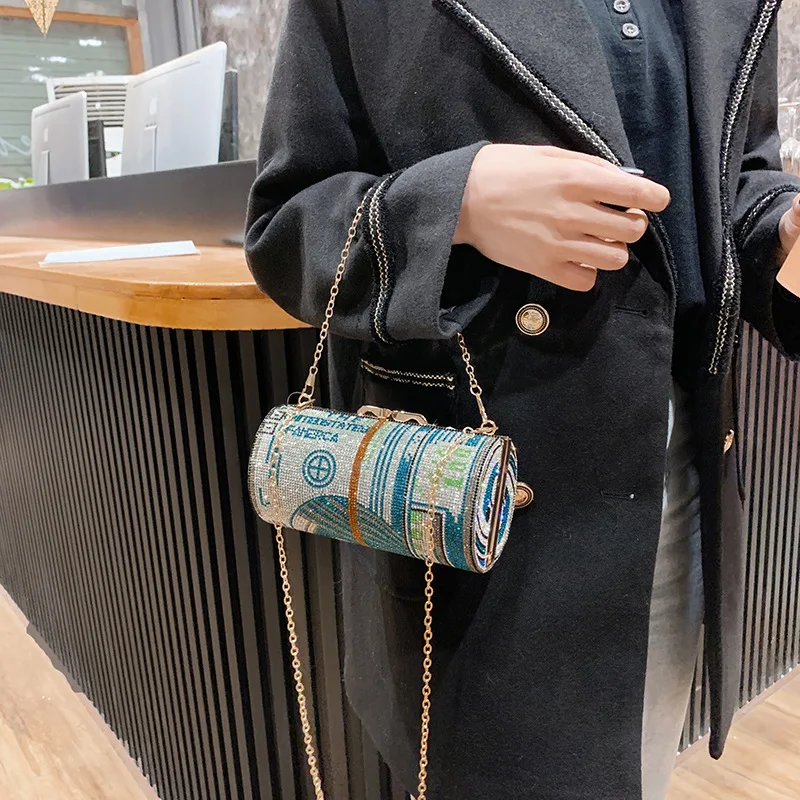 

2021 Round Dollar Designer Rhinestone for Women Party Evening Bags USD Clutch Totes Wristlets Prom Purse Ladies Shoulder Handbag