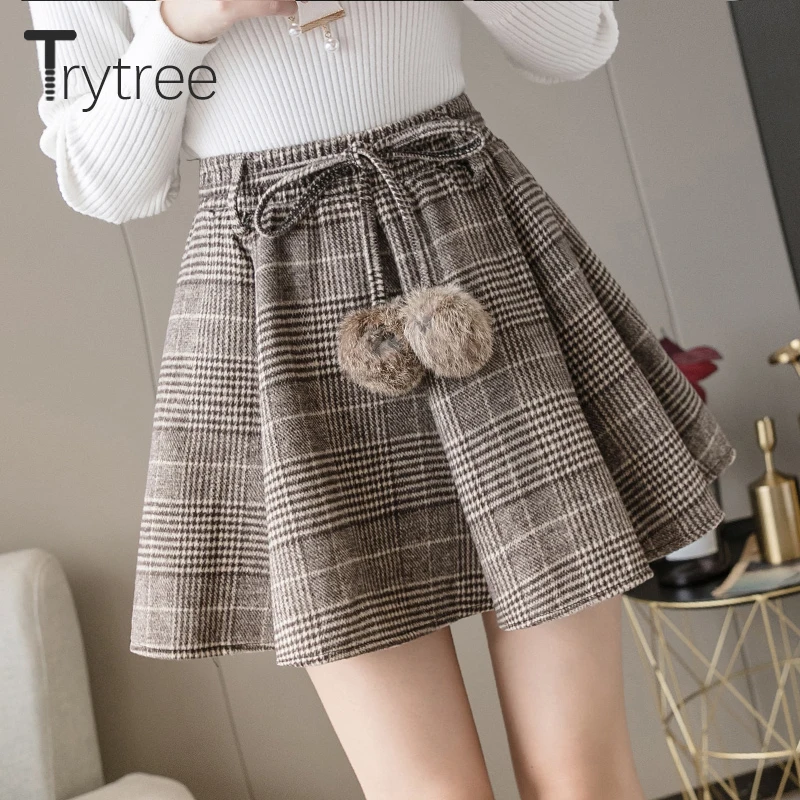 

Trytree 2021 FW Women Skirt Plaid Tweed Blends Casual Elastic Waist Hairball Lace-up Lolita A-line Preppy Style Shorts Skirts