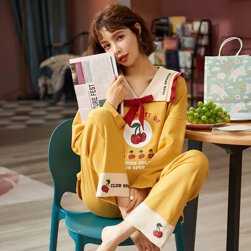 

Tonngirls Autumn Spring Print Pyjamas Women Cotton Sleepwear Night Suit Two-piece Set Long Sleeve Homewear Clothes Female 2021