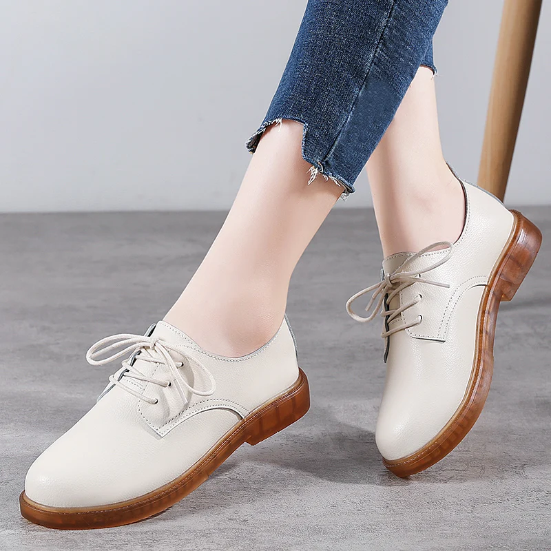 

Women Leather Shoes Casual Cowhide Spring Autumn Sewing Wedge Heel Lace-Up Breathable Antiskid Light Soft Comfort Office Classic
