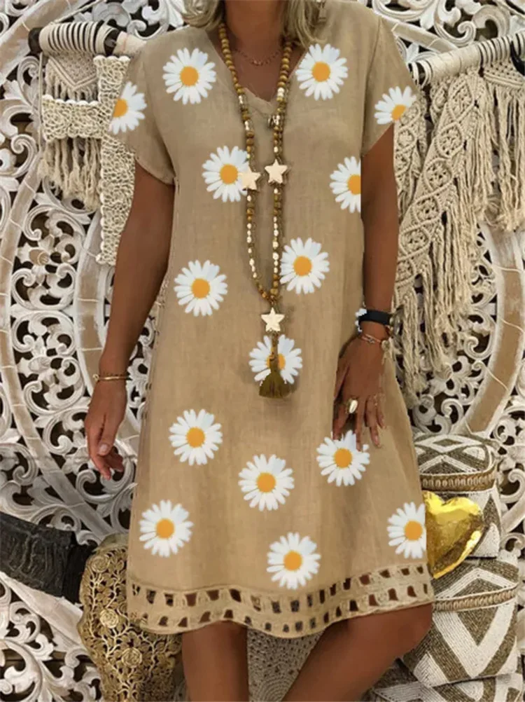 Женские платья большого размера с принтом коротким рукавом и v образным вырезом