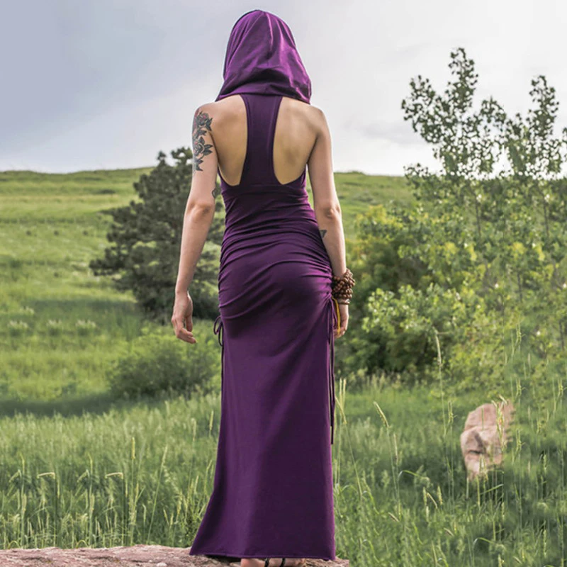 Платье макси с открытой спиной без рукавов капюшоном|Женские платья| |