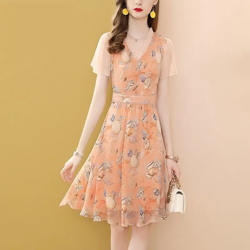 

2021 Women Summer Vintage Print Pleated Dresses Lady All-Match V-Neck Short Sleeve Vestido Female Casual Loose A-line Dress K214