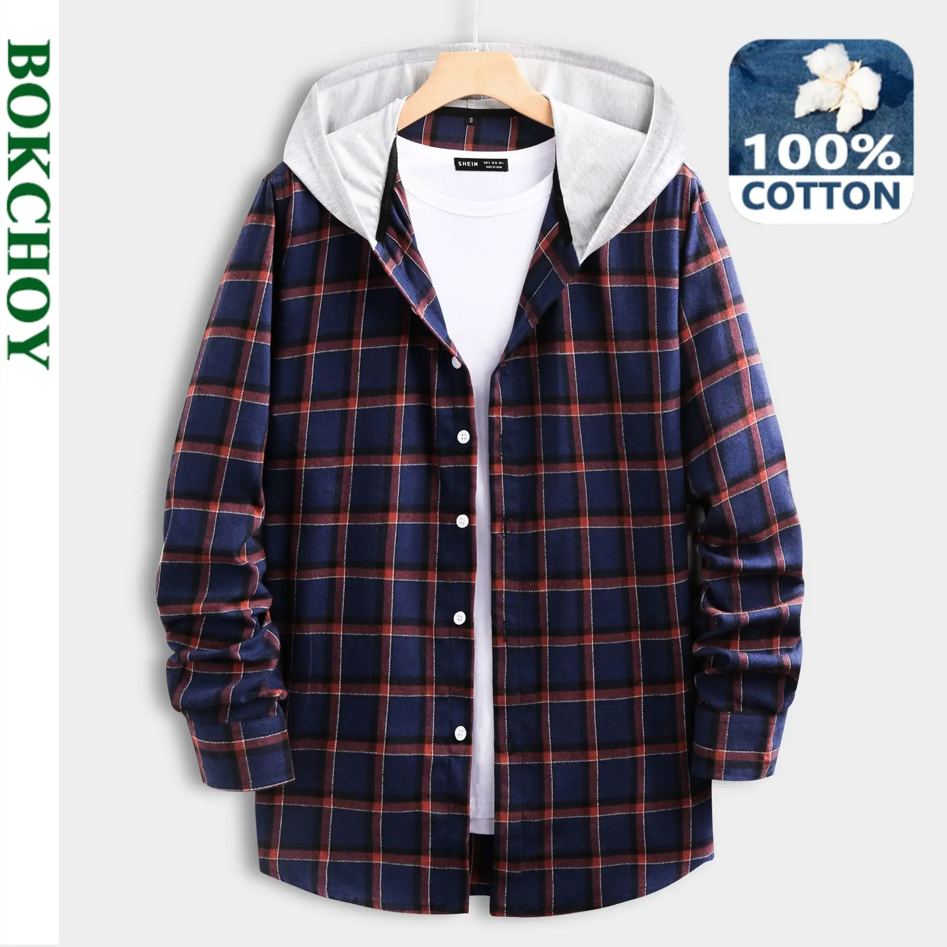 

2021 Spring New Men Plaid Casual Shirt with Hood Long Sleeve Button Up Cotton 284