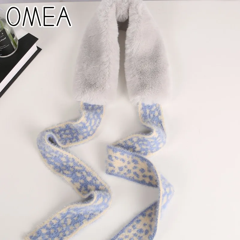 

OMEA Mink Fur Collar Scarf Leopard Print Bow-knot Scarf Sweet Women Velvet Winter Scarf Faux Rabbit Fur Scarf Winter Accessories