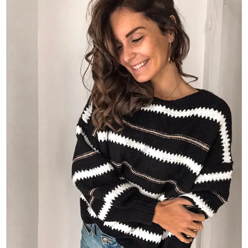 Spring Winter Women Sweater Fashion Loose High Neck Striped Long Sleeve Warm Top Casual Batwing Plus Size | Женская одежда