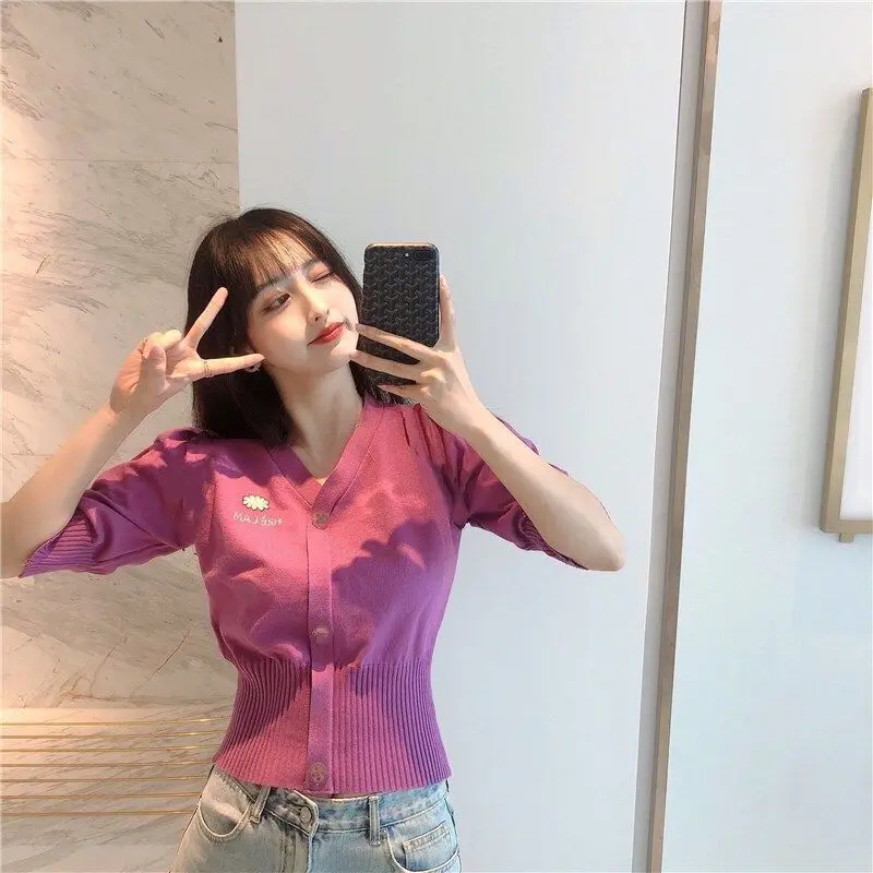 

New Style Purple Blouse Women Knitted All-match Hong Kong Style Short-sleeved V-neck Ice Silk T-shirt